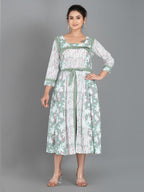 Mint Whisper – Pista Green & White Cotton Fusion Dress with Pockets