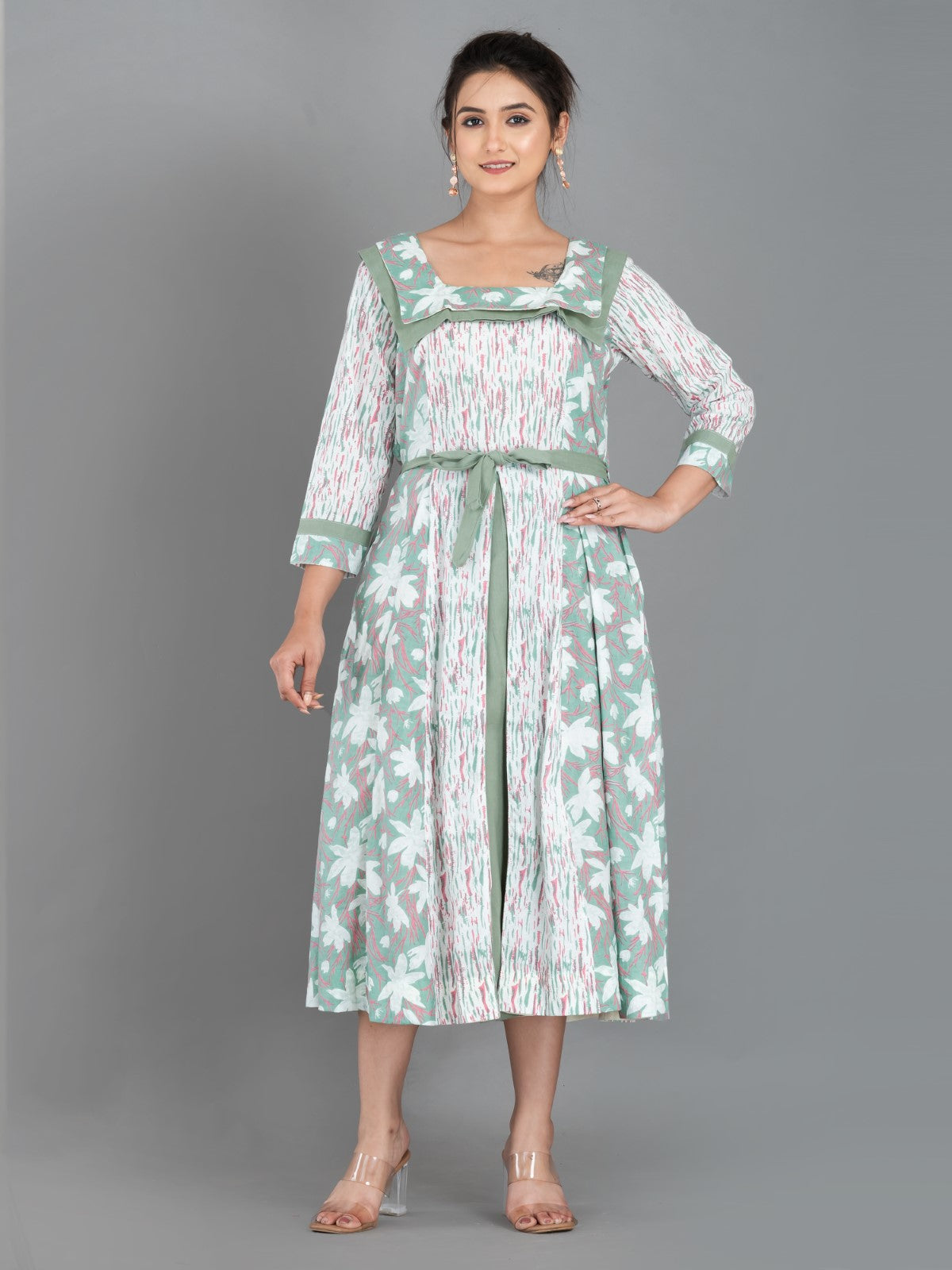 Mint Whisper – Pista Green & White Cotton Fusion Dress with Pockets