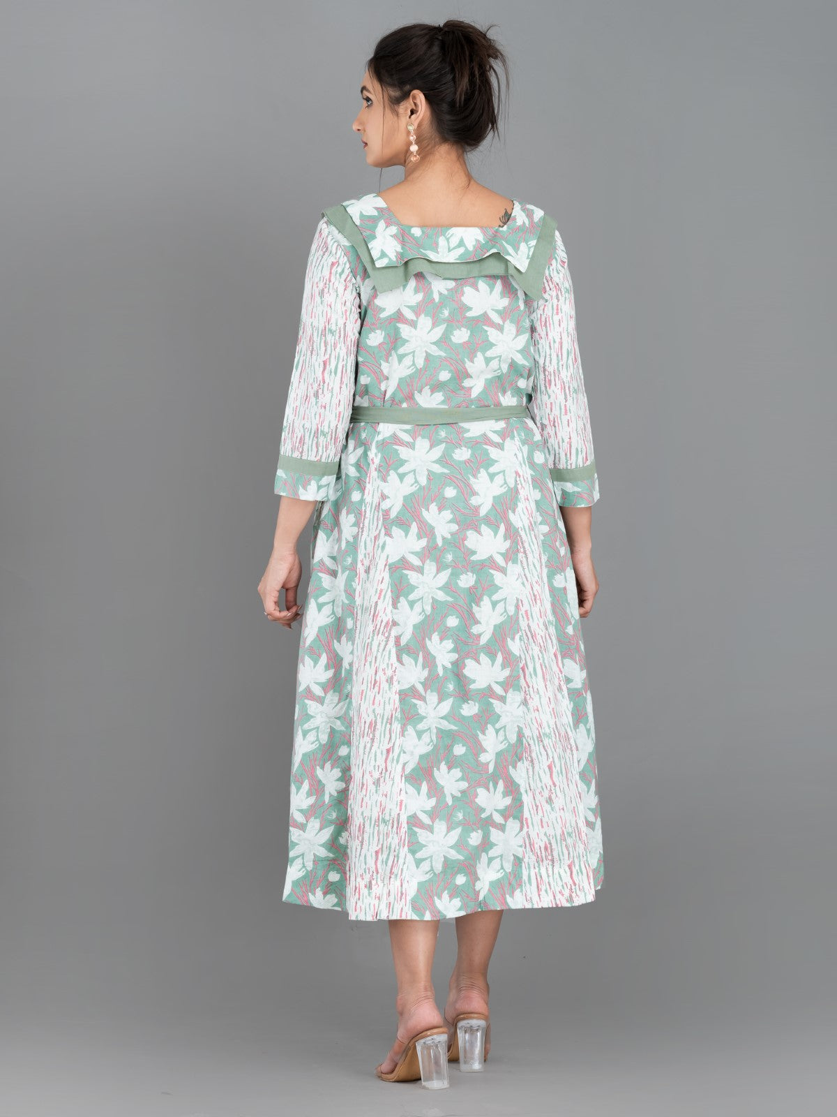 Mint Whisper – Pista Green & White Cotton Fusion Dress with Pockets