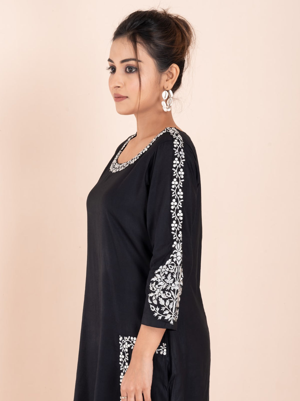 Black and white embroidery work cotton co-ord set