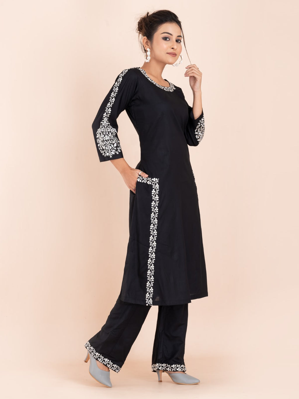 Black and white embroidery work cotton co-ord set