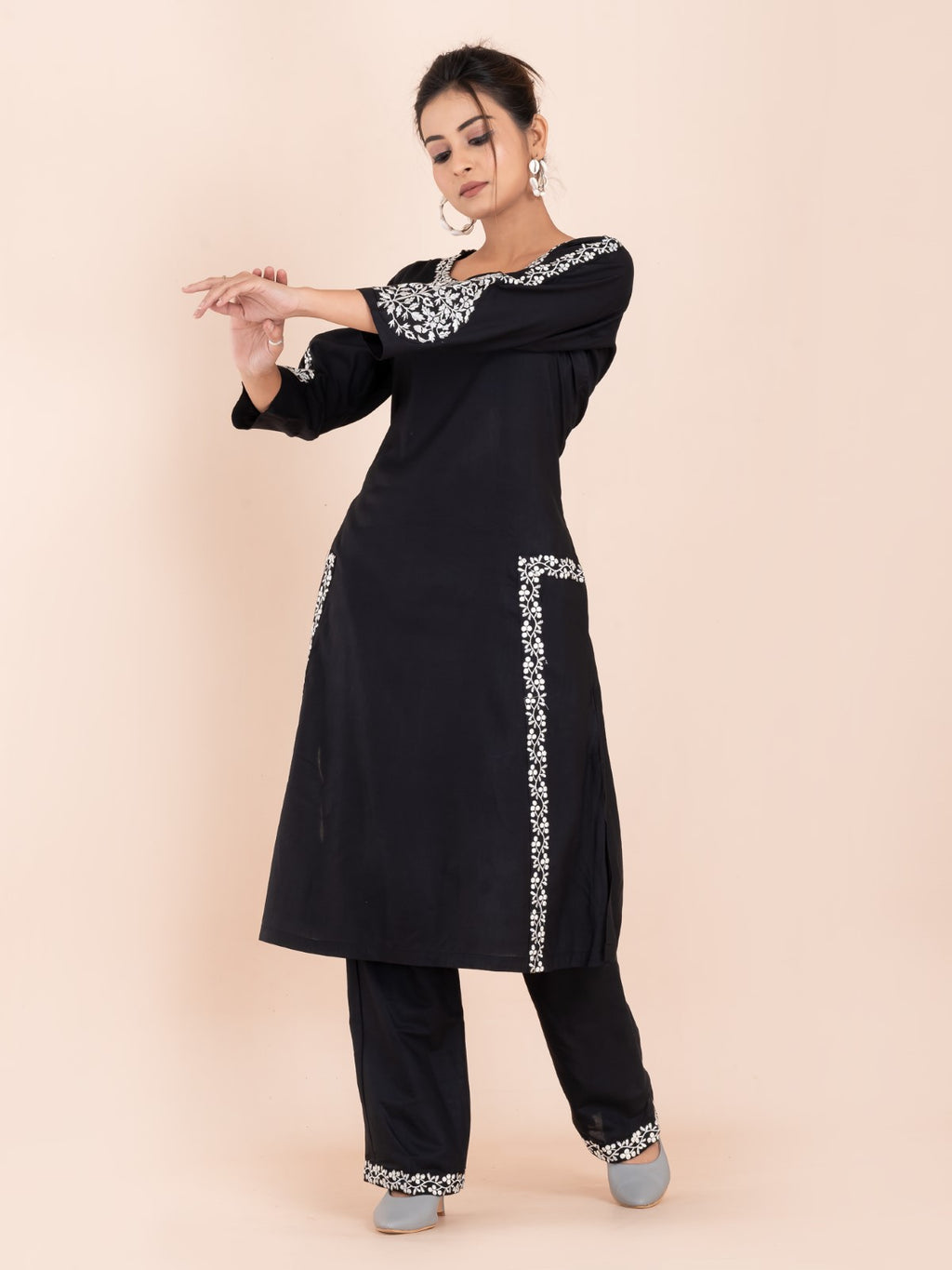 Black and white embroidery work cotton co-ord set