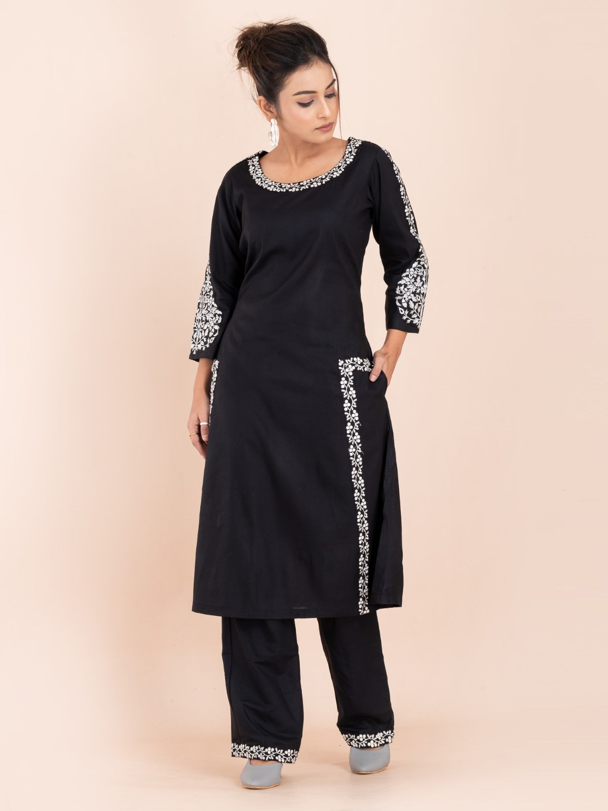 Black and white embroidery work cotton co-ord set