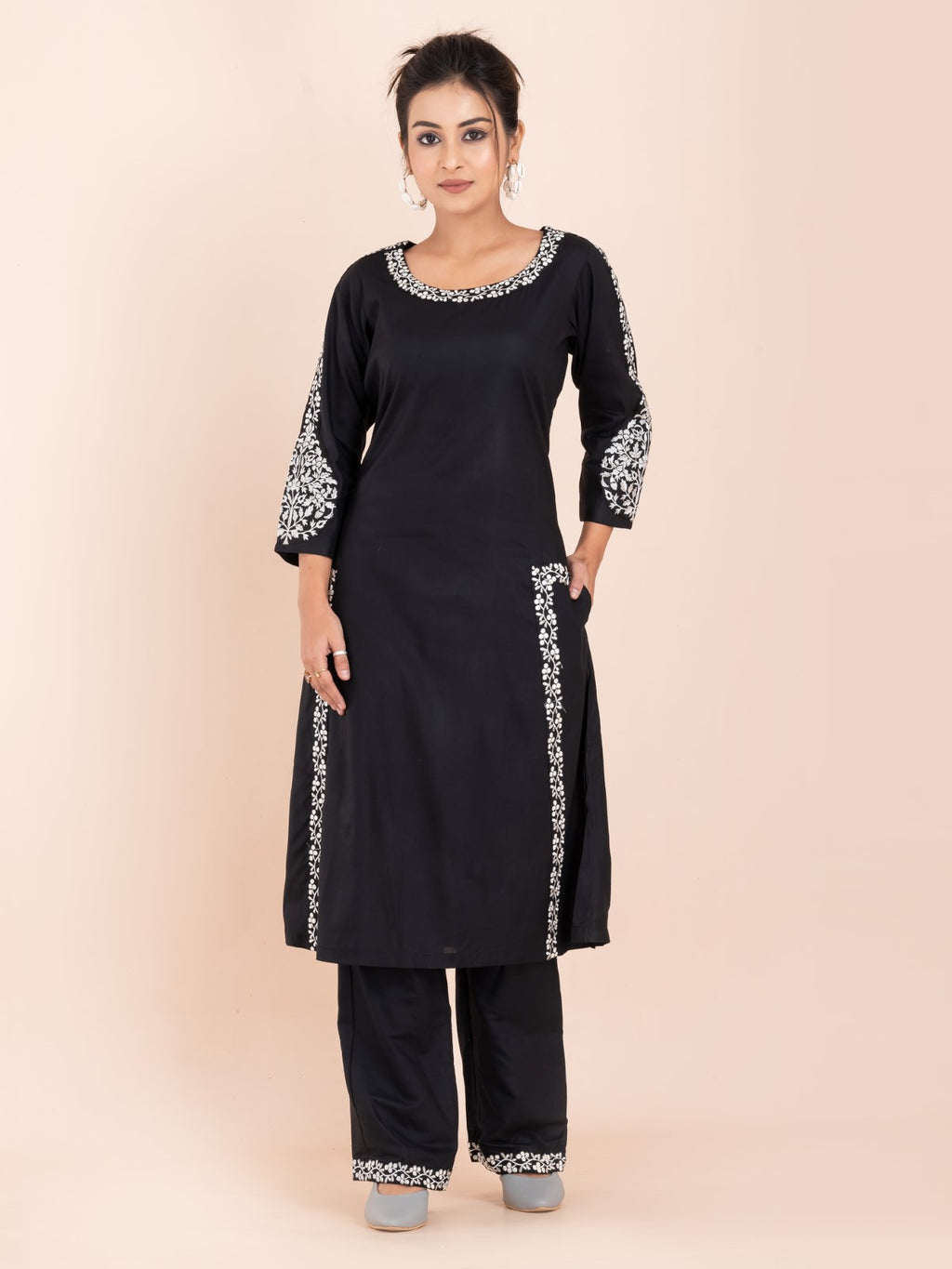 Black and white embroidery work cotton co-ord set