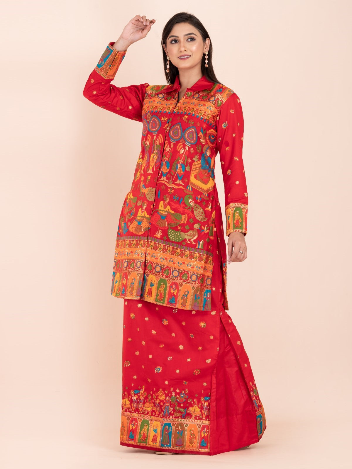 "Laalima Charm" – Tomato Red Baluchori Fusion Ensemble