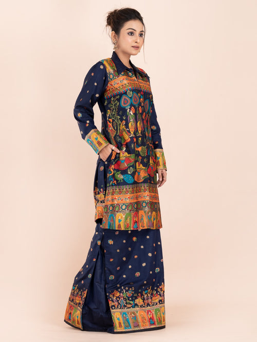 "Neelraga Elegance" – Navy Blue Baluchori Fusion Set