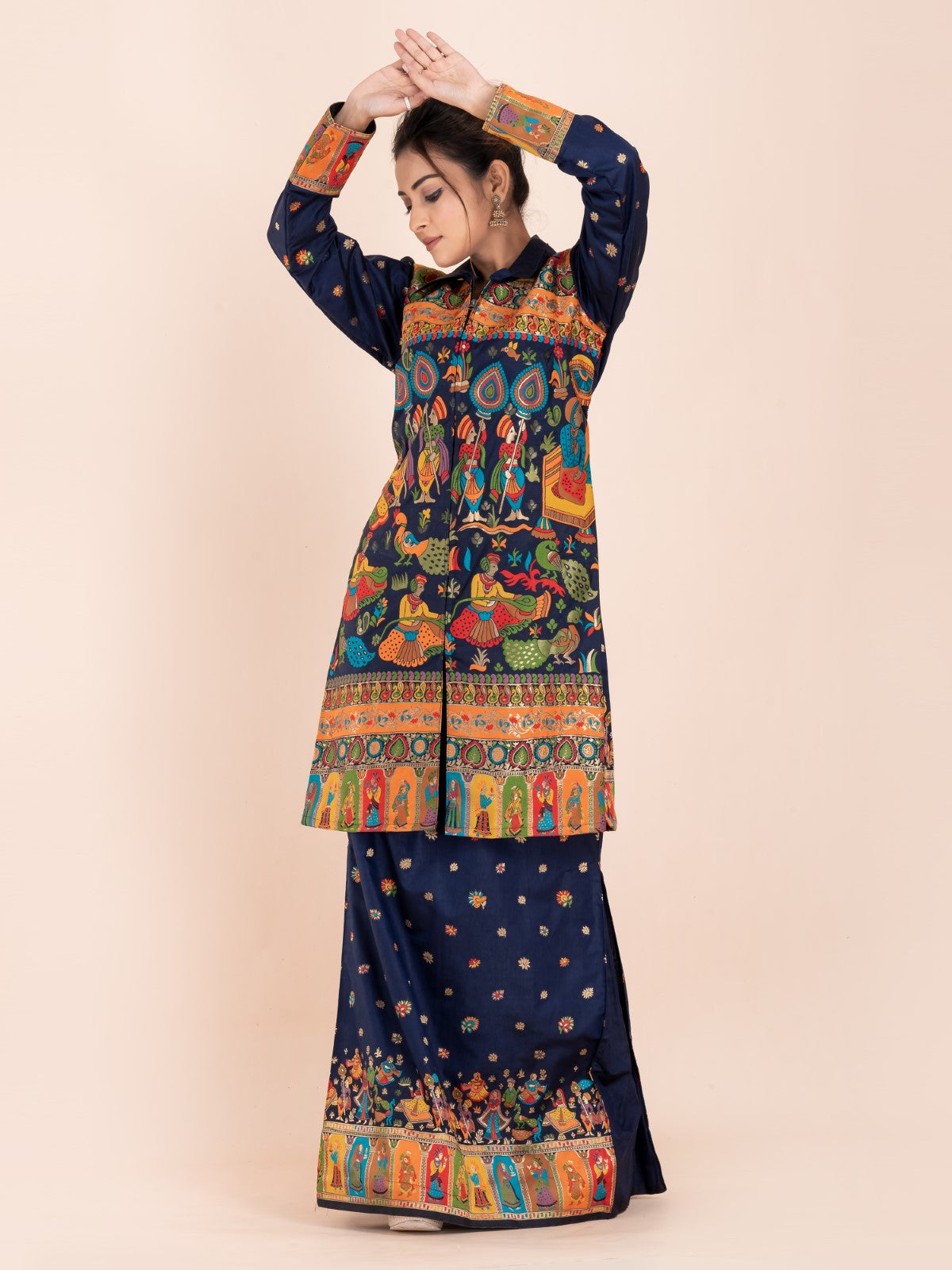 "Neelraga Elegance" – Navy Blue Baluchori Fusion Set