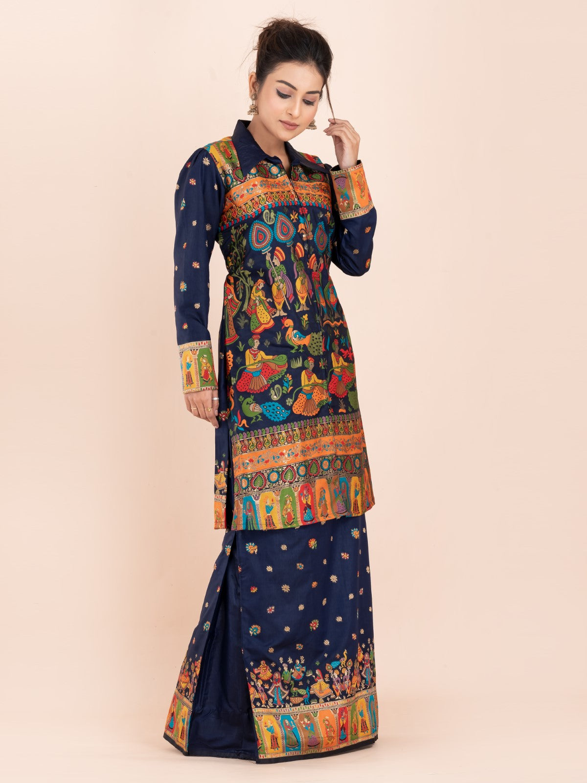 "Neelraga Elegance" – Navy Blue Baluchori Fusion Set