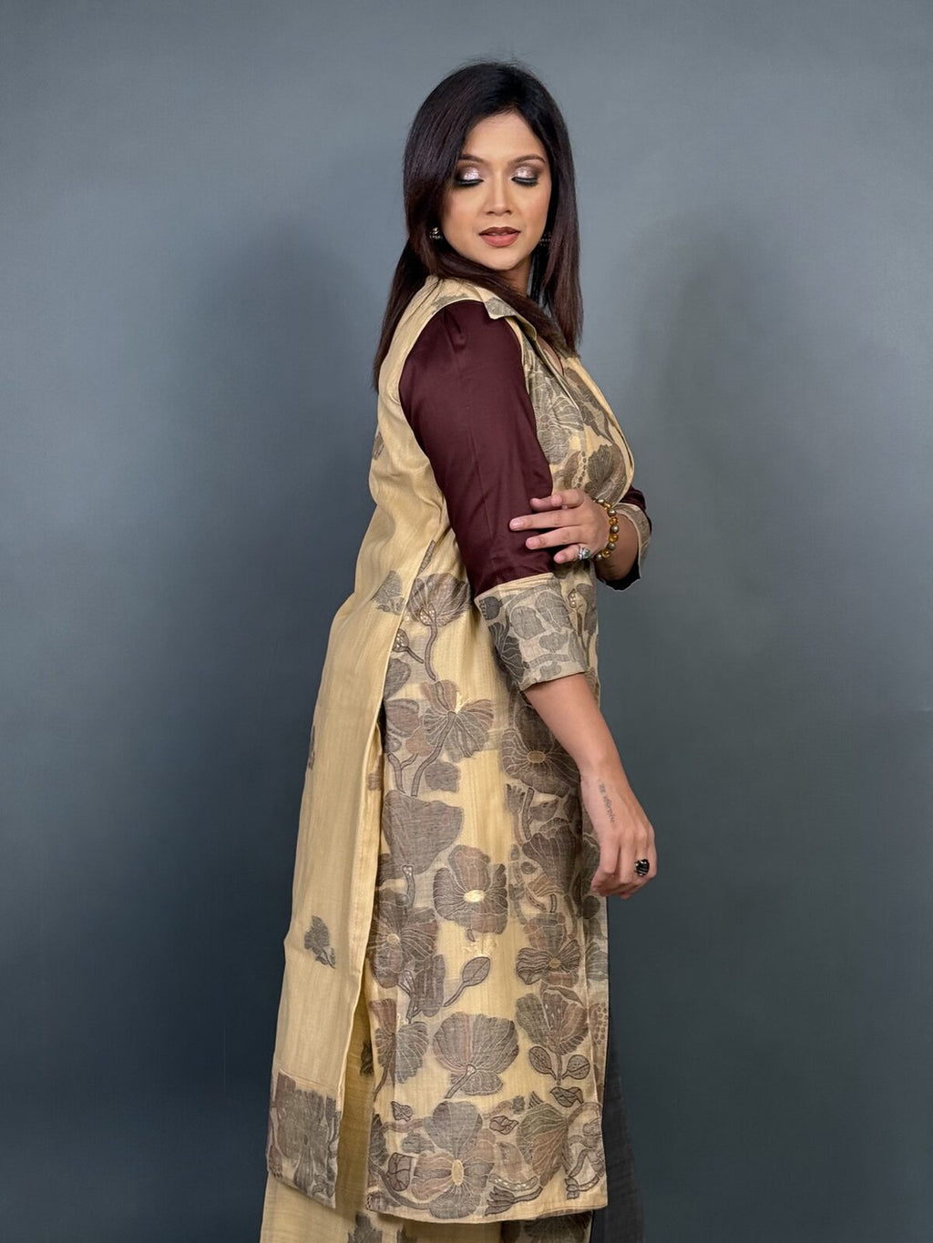 Tussar Bliss – Handwoven Natural Cotton Fusion Dress with Floral Weaving