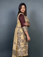 Tussar Bliss – Handwoven Natural Cotton Fusion Dress with Floral Weaving