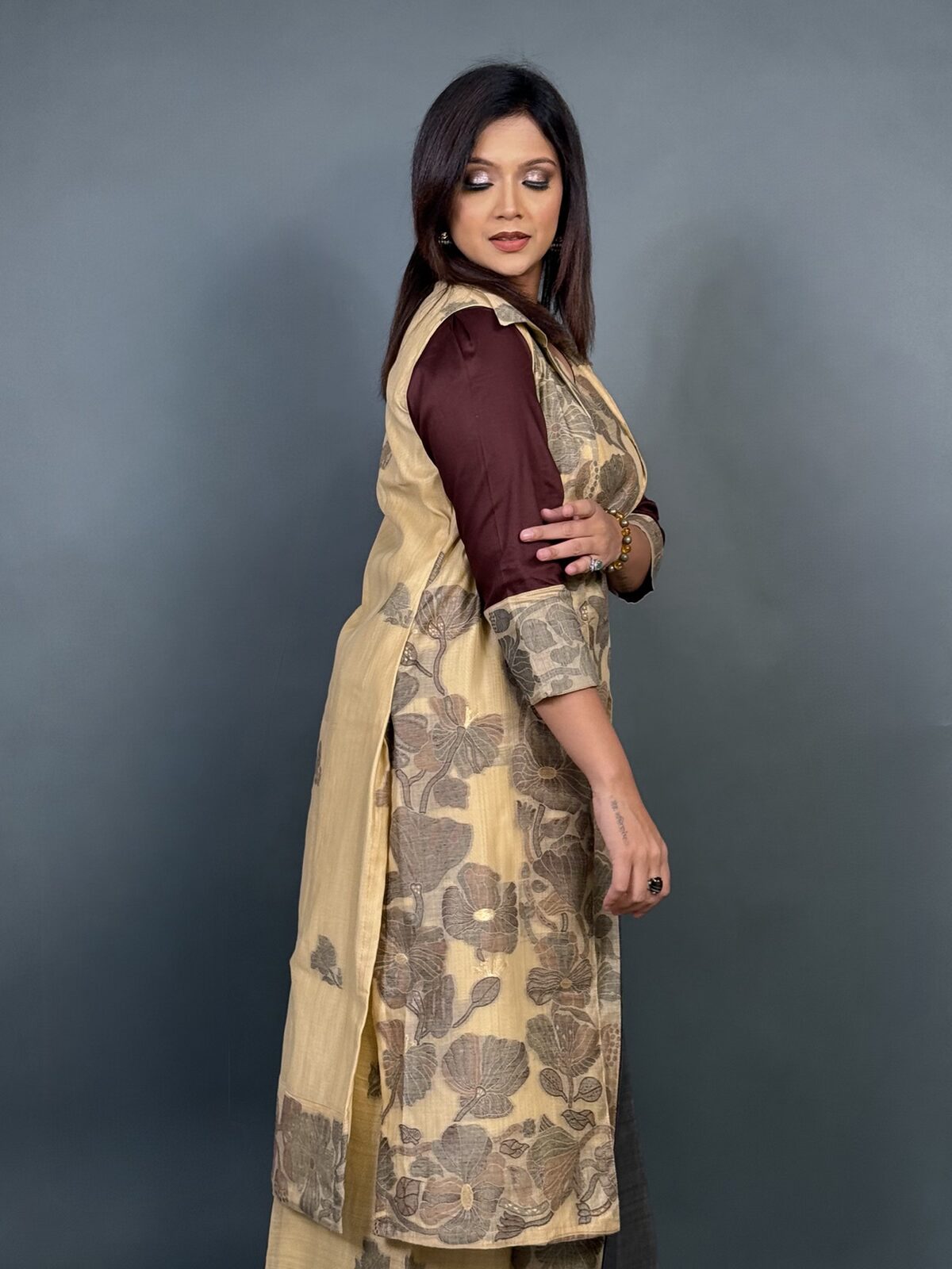 Tussar Bliss – Handwoven Natural Cotton Fusion Dress with Floral Weaving