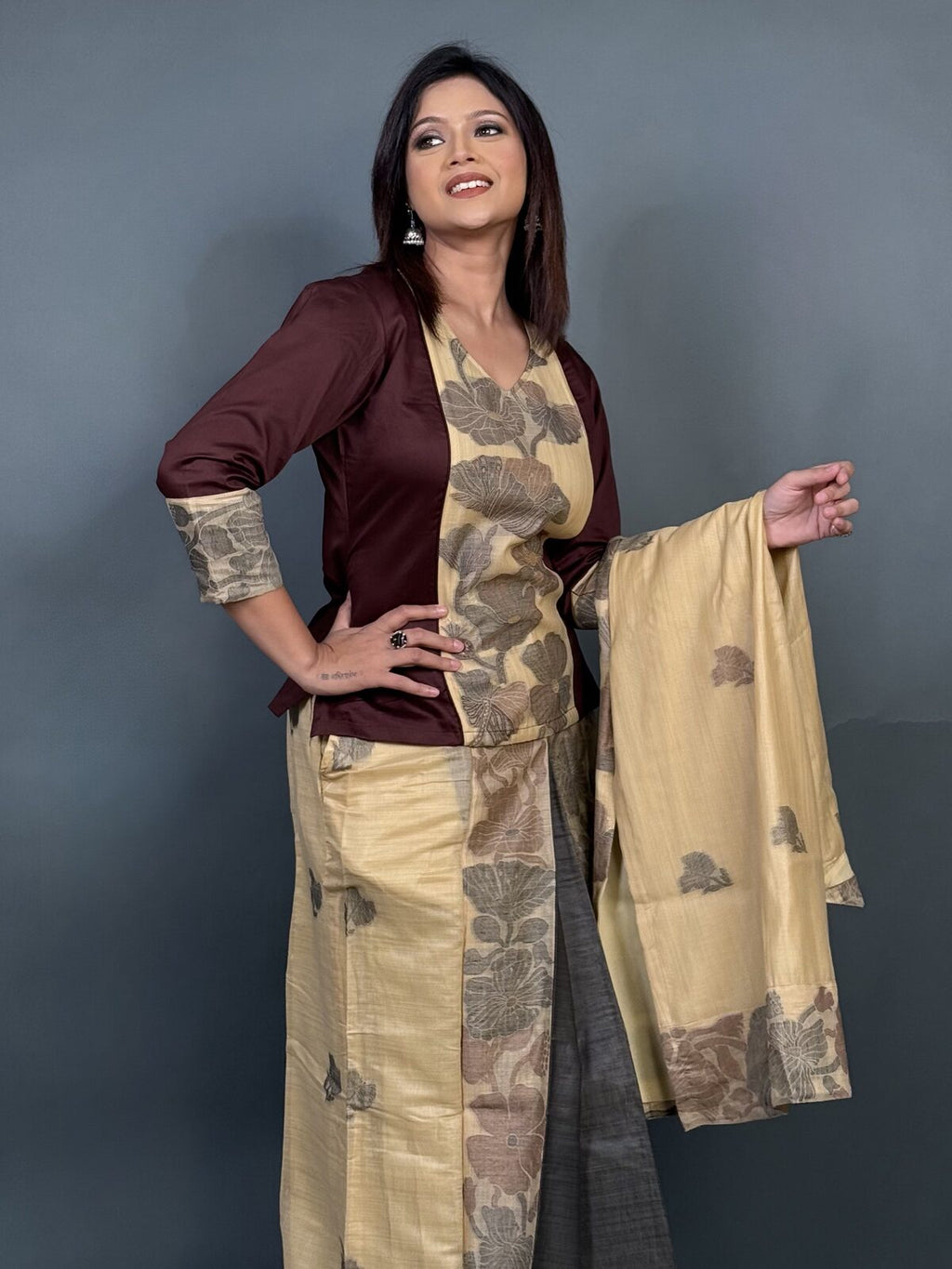 Tussar Bliss – Handwoven Natural Cotton Fusion Dress with Floral Weaving