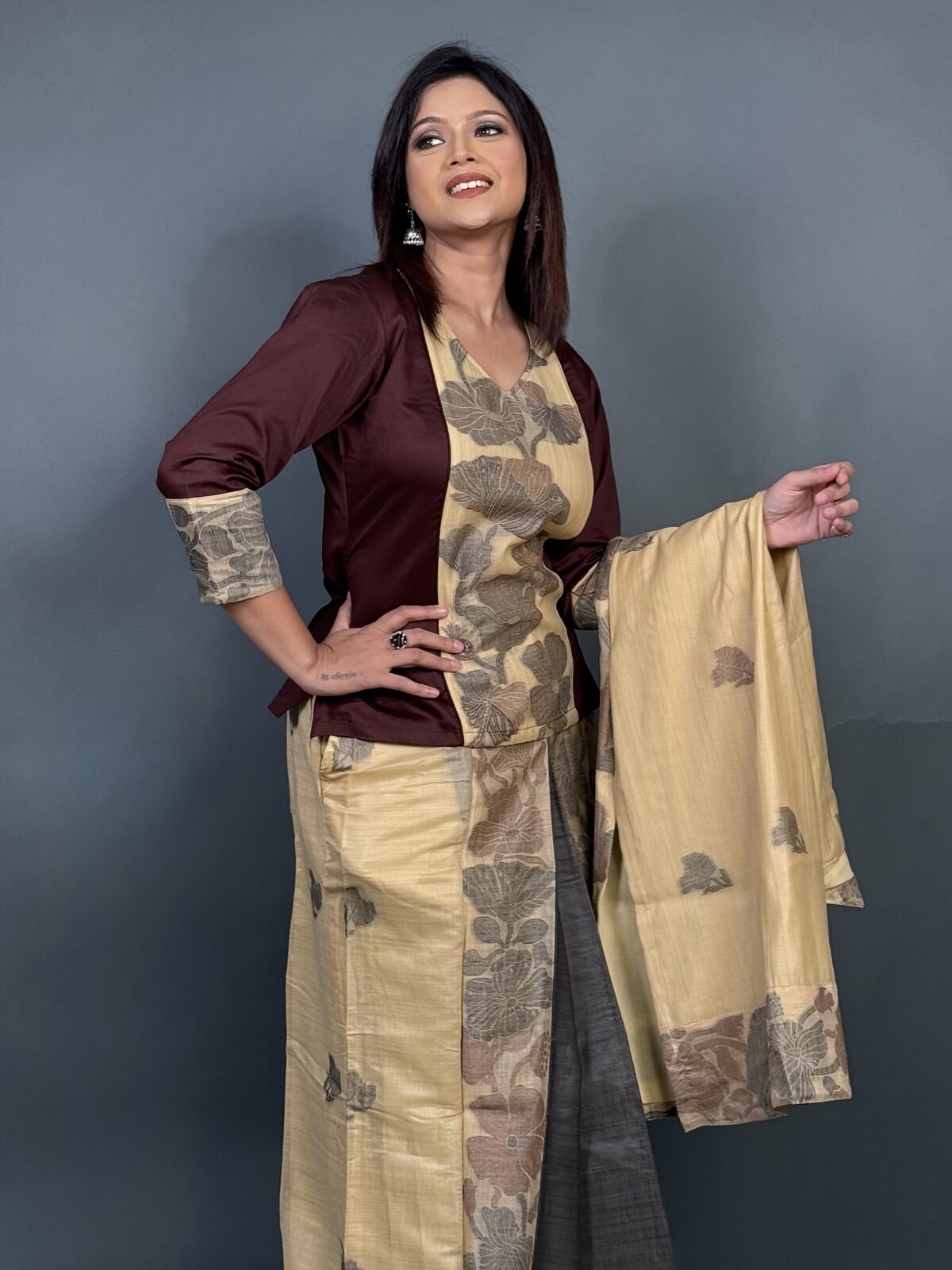 Tussar Bliss – Handwoven Natural Cotton Fusion Dress with Floral Weaving