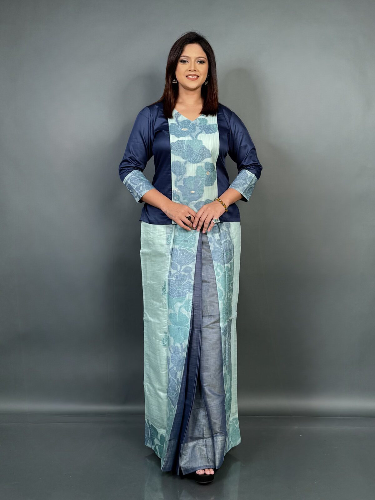 Summer Bloom–Mint Cotton Tussar Fusion Dress with Hand Weaving