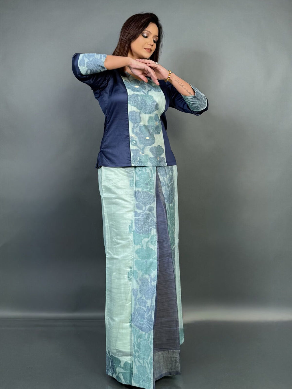 Summer Bloom–Mint Cotton Tussar Fusion Dress with Hand Weaving