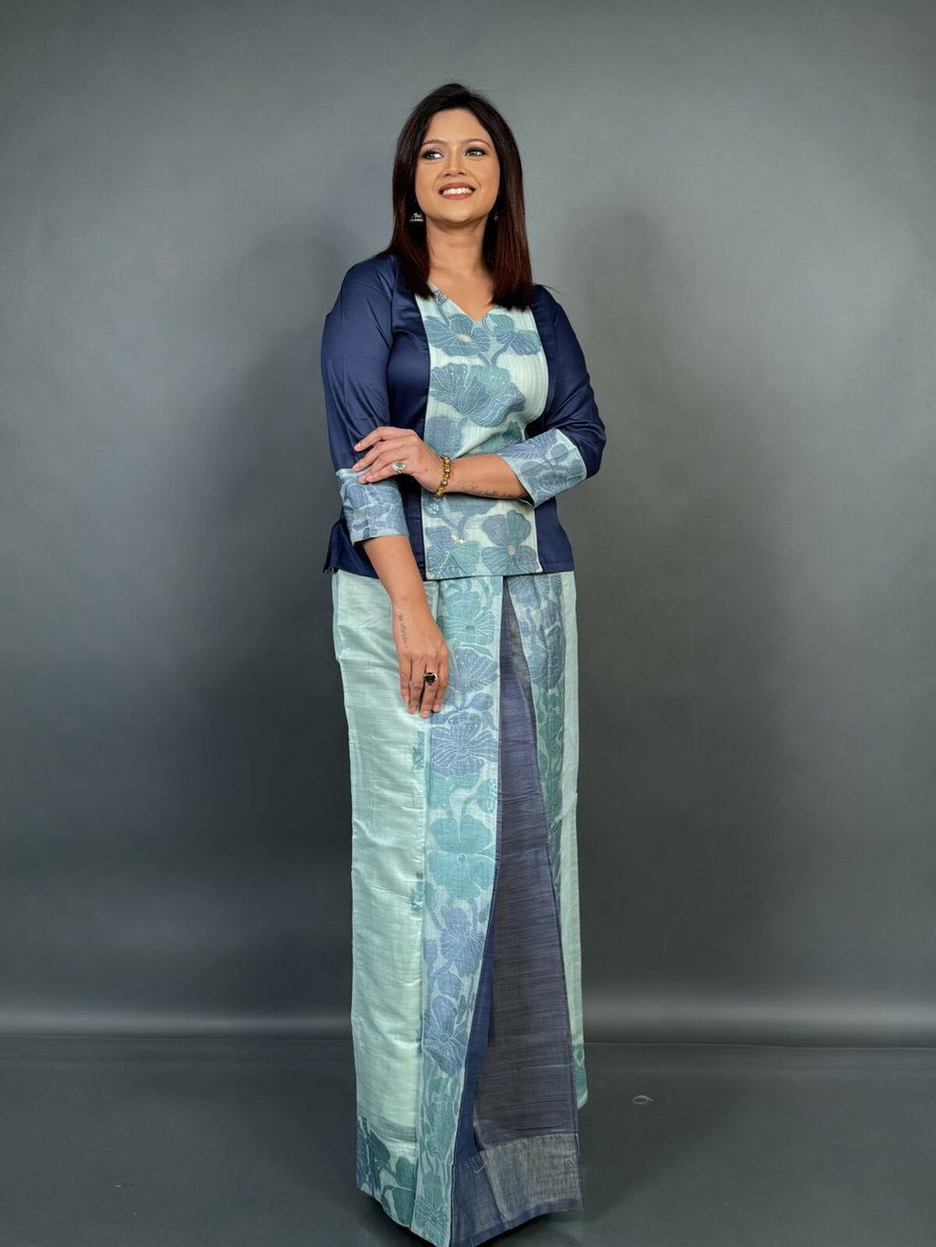 Summer Bloom–Mint Cotton Tussar Fusion Dress with Hand Weaving