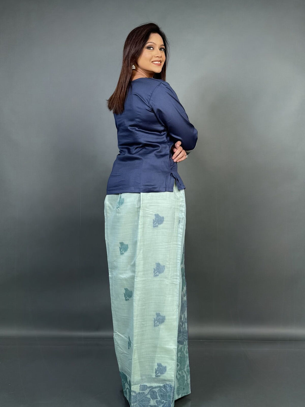 Summer Bloom–Mint Cotton Tussar Fusion Dress with Hand Weaving