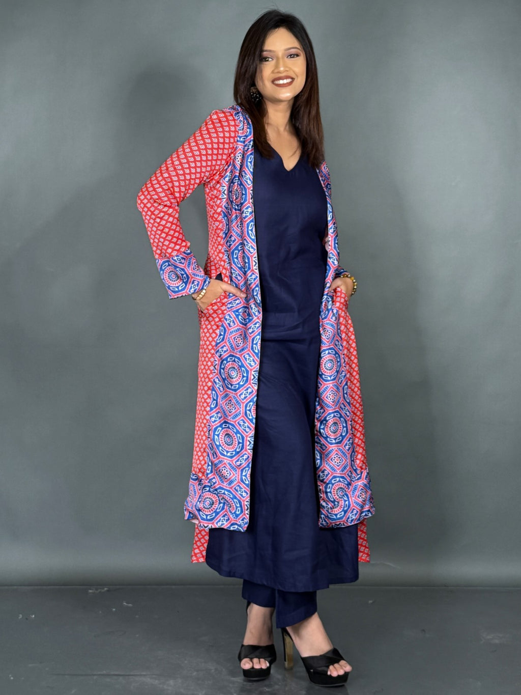 Midnight Charm: Navy Co-Ord Set with Statement Red Jacket