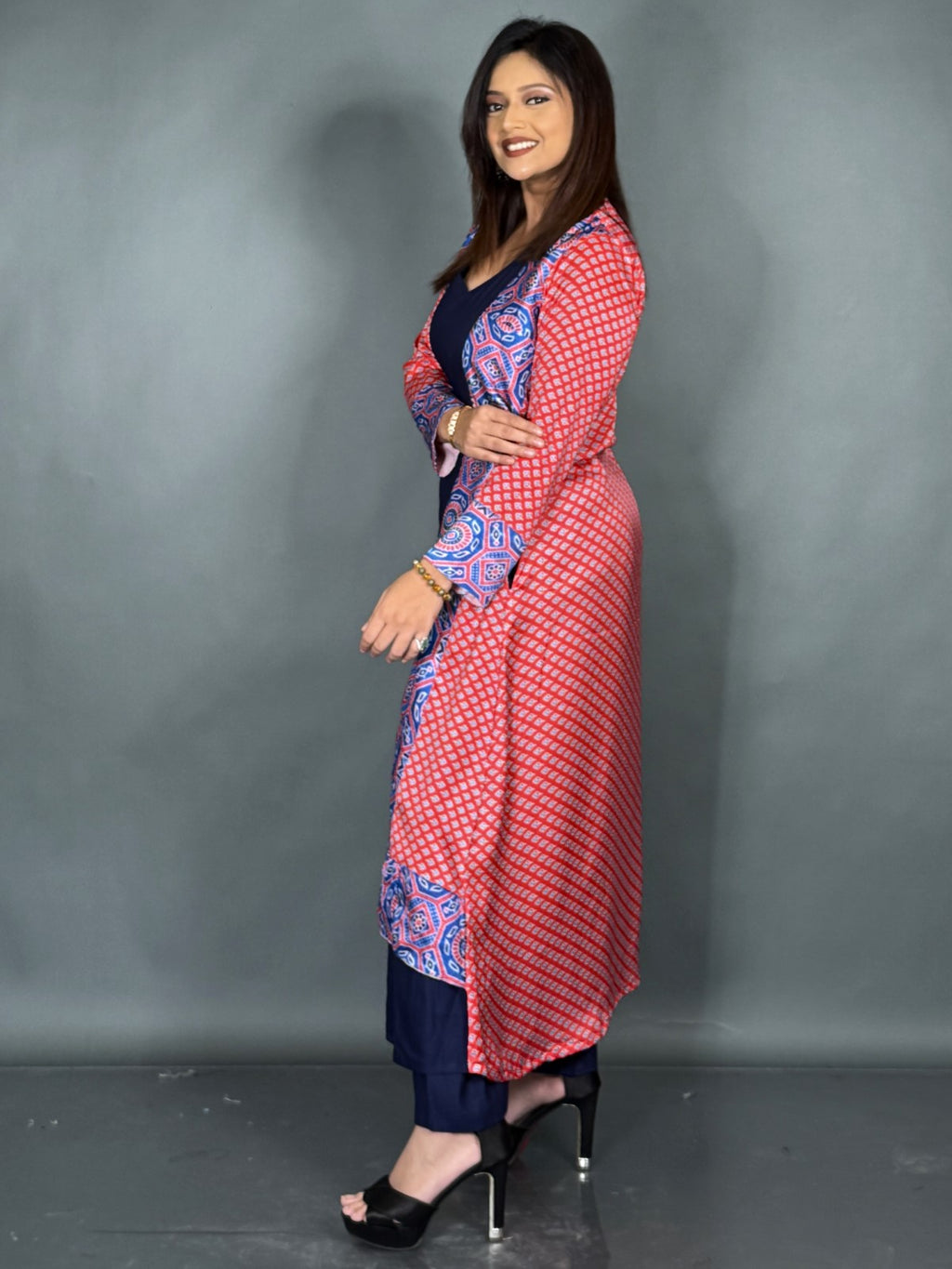 Midnight Charm: Navy Co-Ord Set with Statement Red Jacket