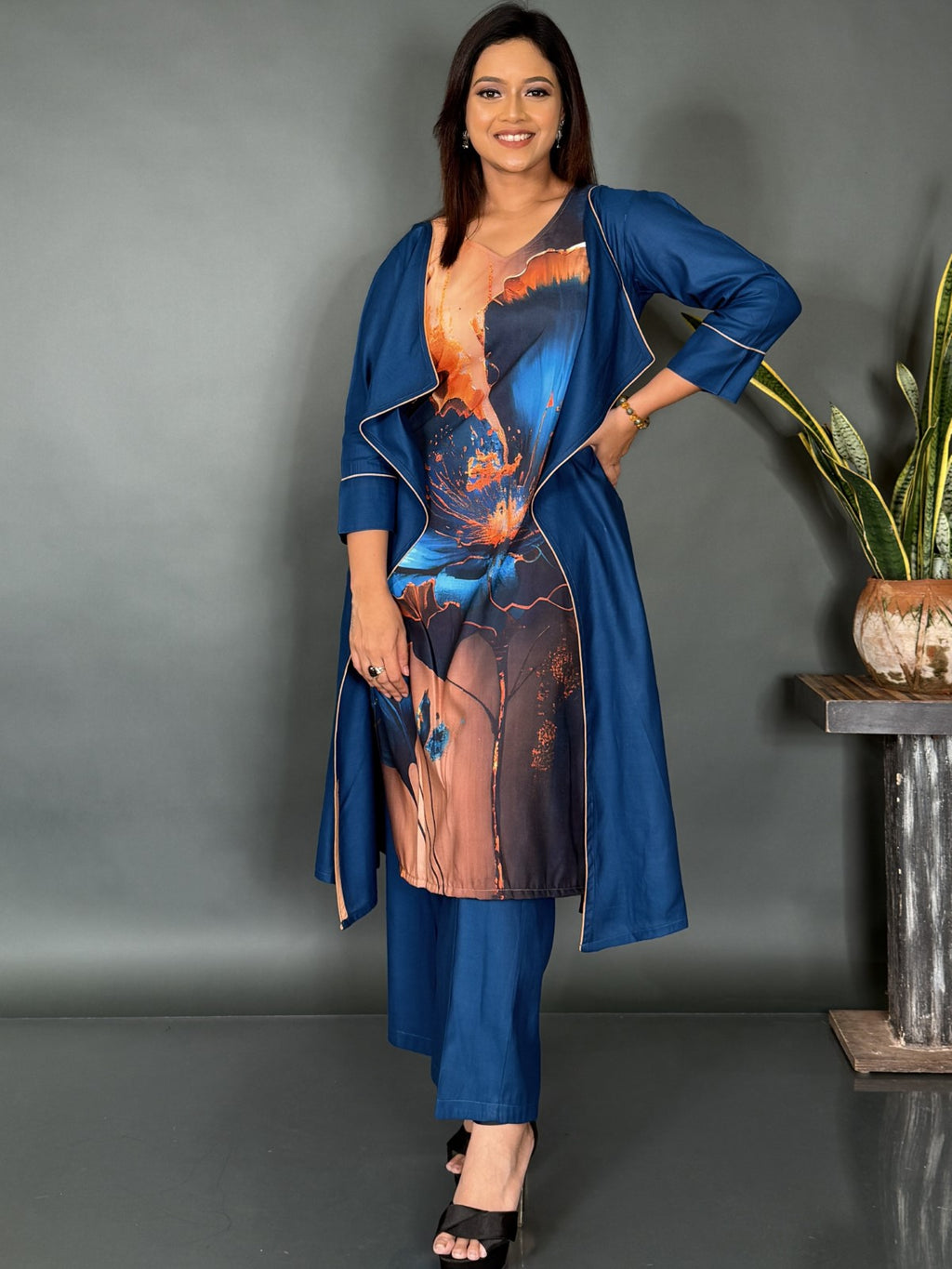Peacock Blue Muslin Co-Ord Set with Artistic Print