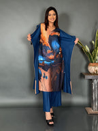 Peacock Blue Muslin Co-Ord Set with Artistic Print