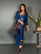 Peacock Blue Muslin Co-Ord Set with Artistic Print