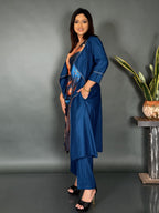 Peacock Blue Muslin Co-Ord Set with Artistic Print