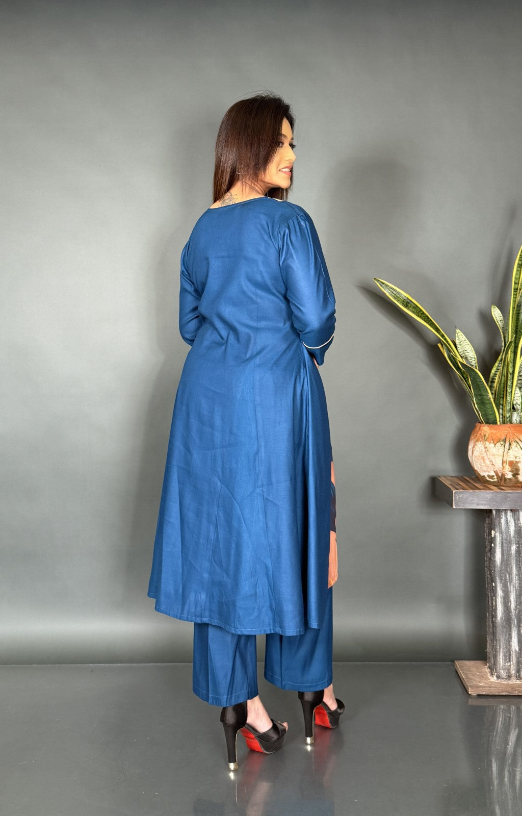 Peacock Blue Muslin Co-Ord Set with Artistic Print