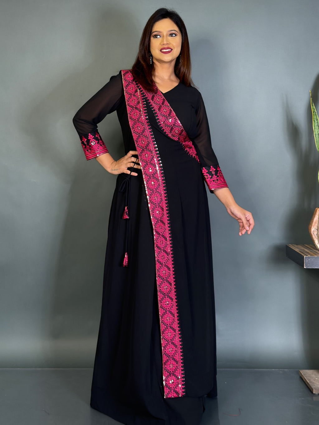 Royal Noir Pink Embroidered Fusion Gown Set