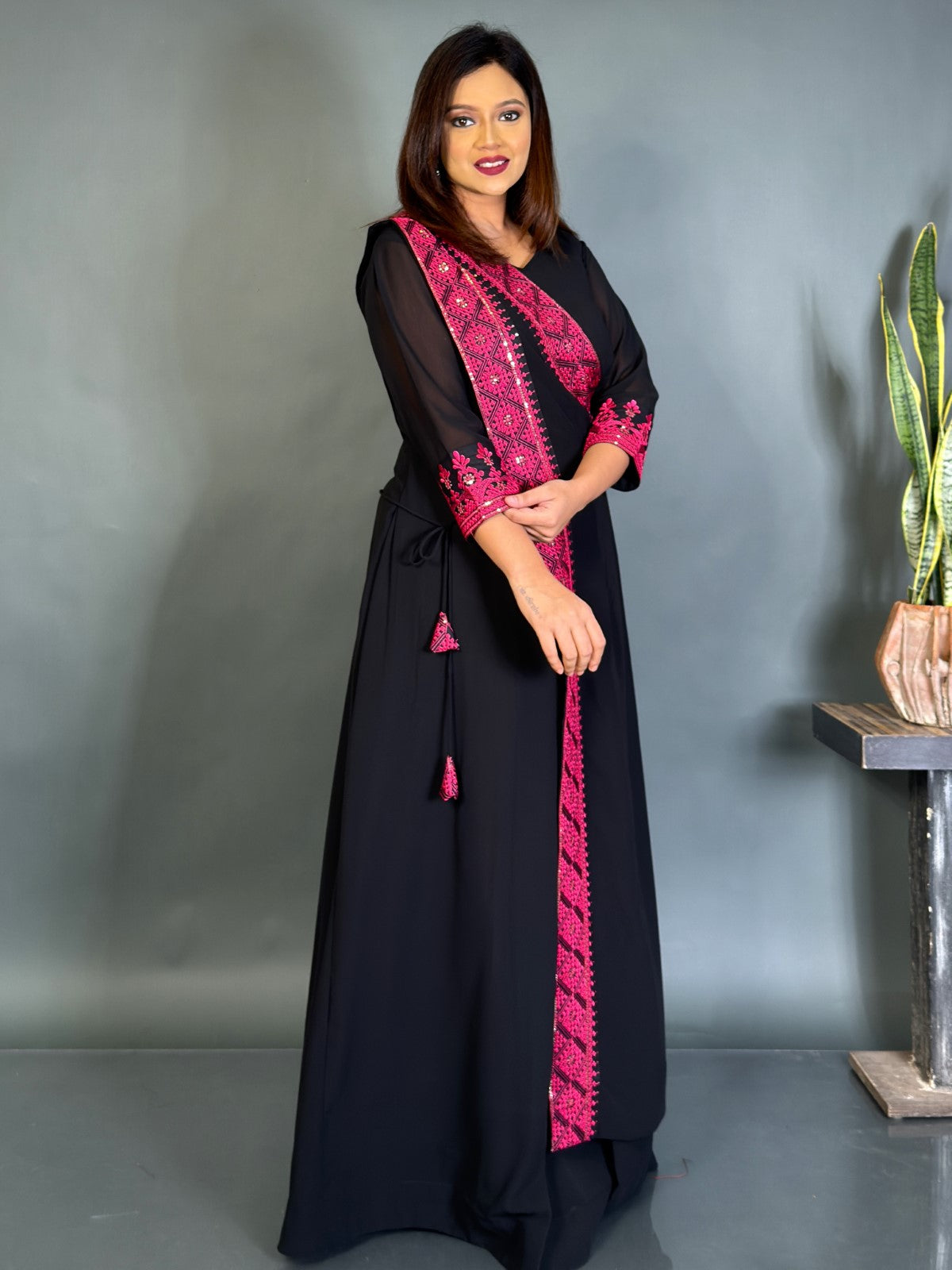 Royal Noir Pink Embroidered Fusion Gown Set