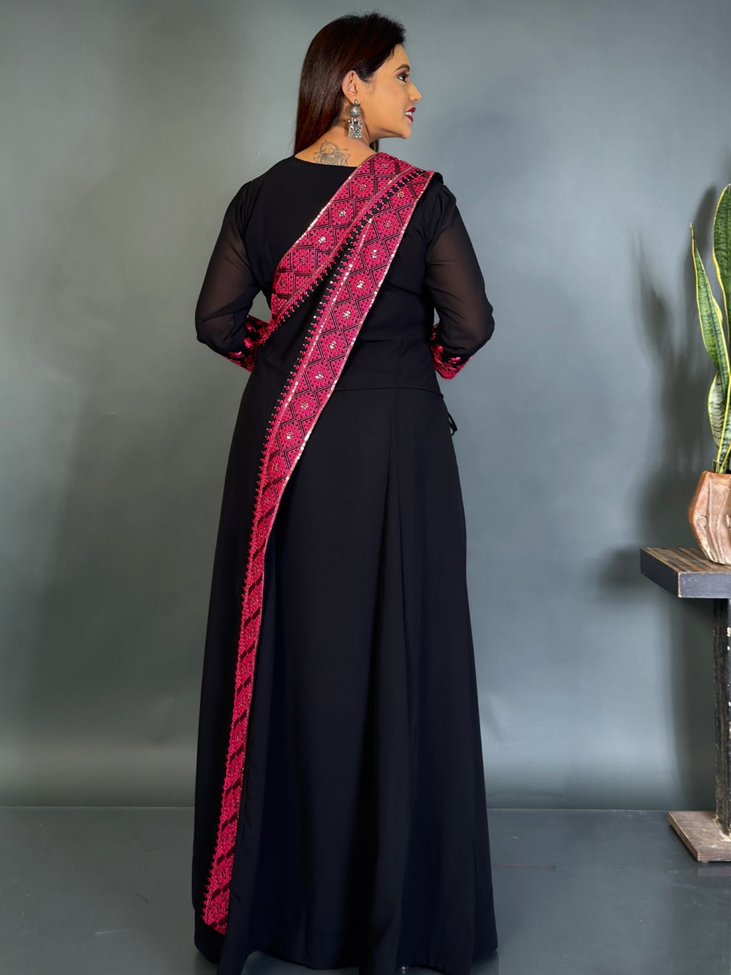 Royal Noir Pink Embroidered Fusion Gown Set