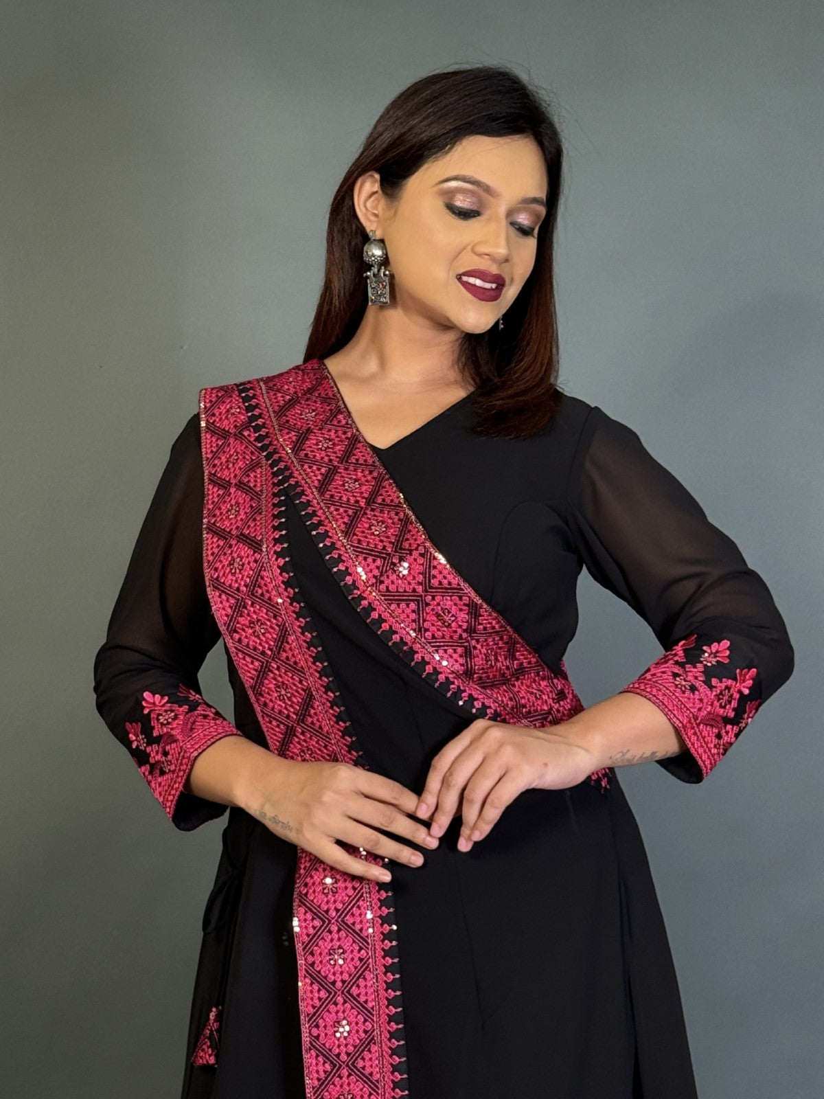 Royal Noir Pink Embroidered Fusion Gown Set