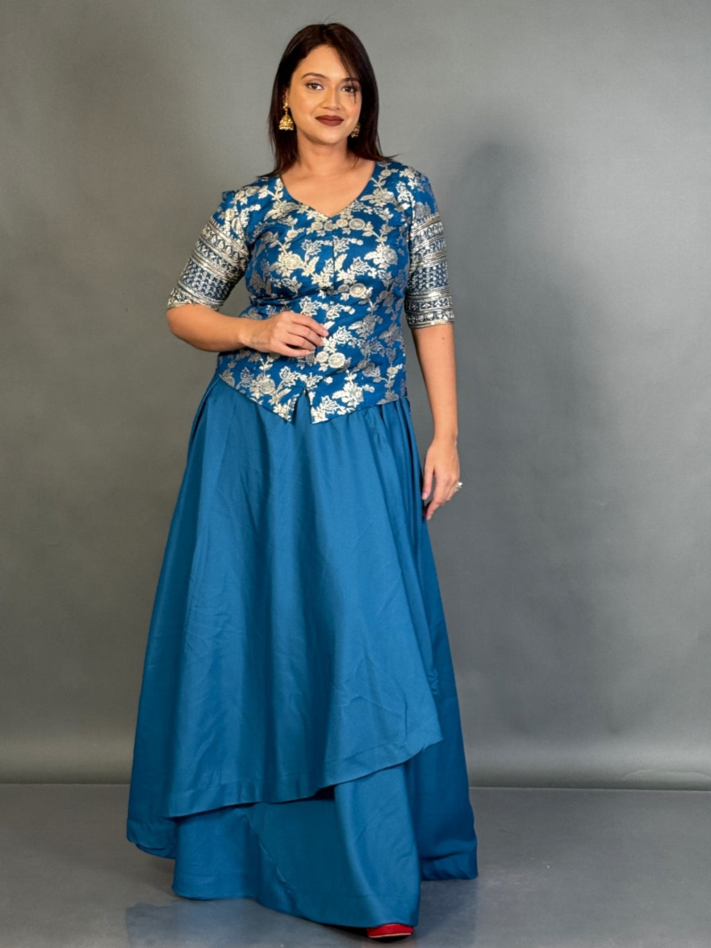 Statement Blue Embroidered Blouse and Skirt Fusion for Curvy Queens