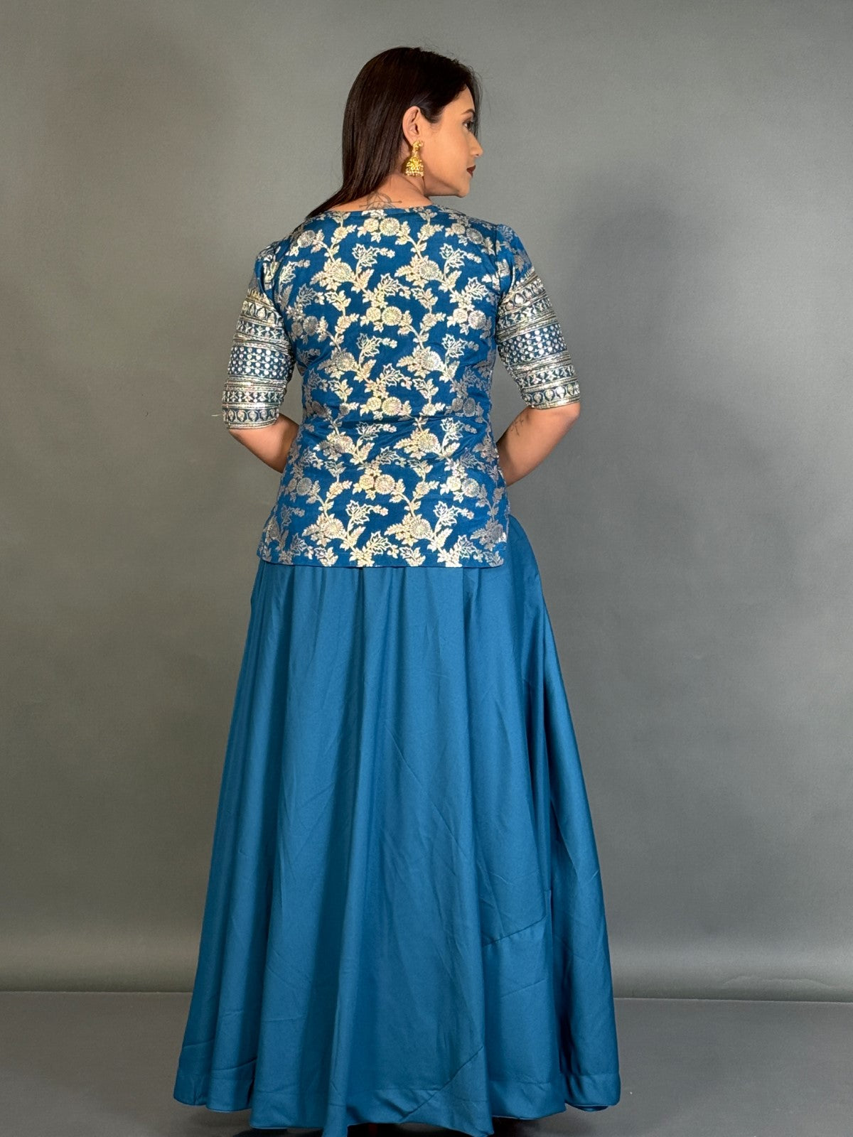 Statement Blue Embroidered Blouse and Skirt Fusion for Curvy Queens
