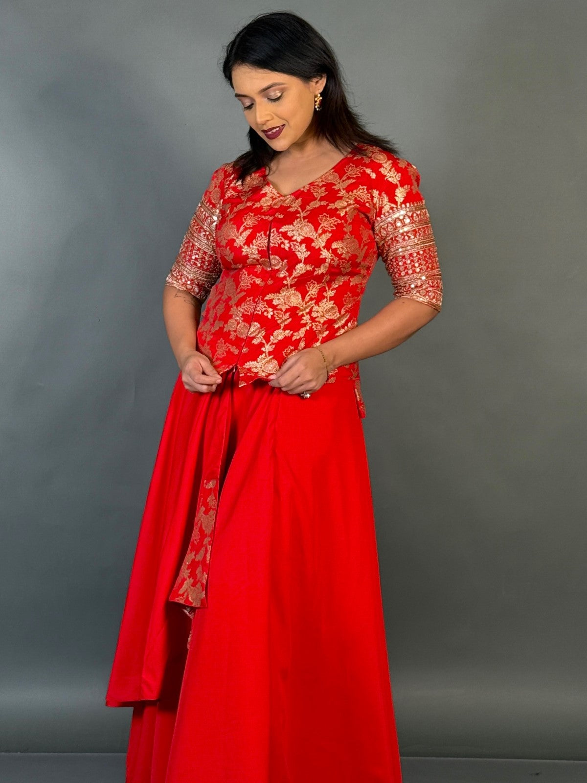 Royal Red Plus-Size  Benarasi Blouse and Skirt Fusion Set
