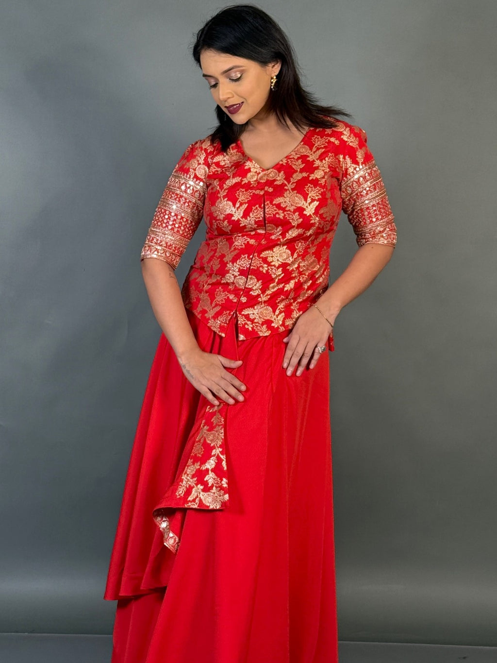 Royal Red Plus-Size  Benarasi Blouse and Skirt Fusion Set