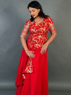 Royal Red Plus-Size  Benarasi Blouse and Skirt Fusion Set