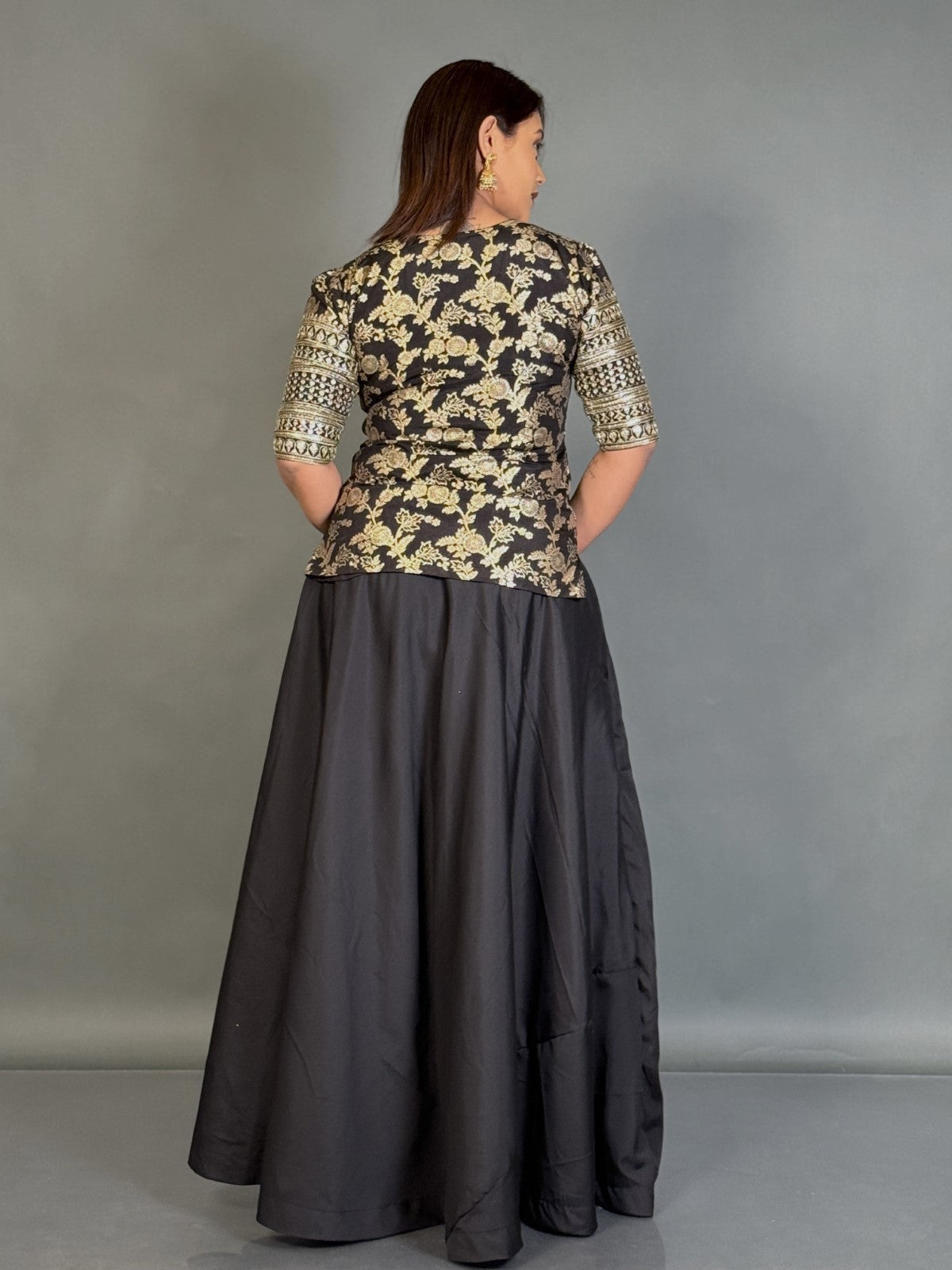 Midnight Grace Black Benarasi Plus-Size Blouse and Skirt Set
