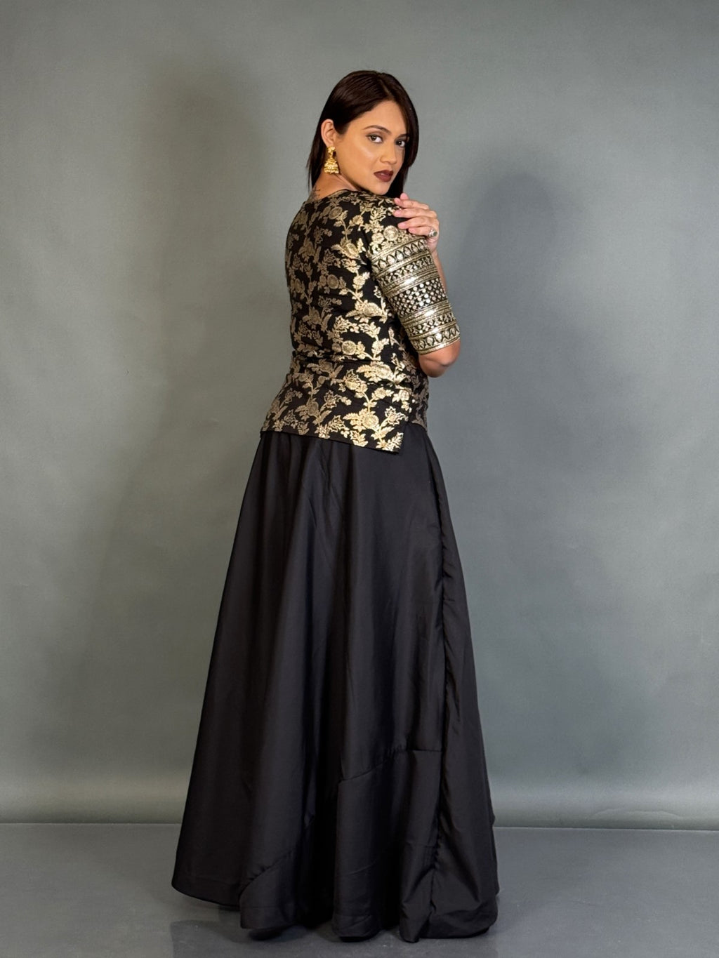 Midnight Grace Black Benarasi Plus-Size Blouse and Skirt Set