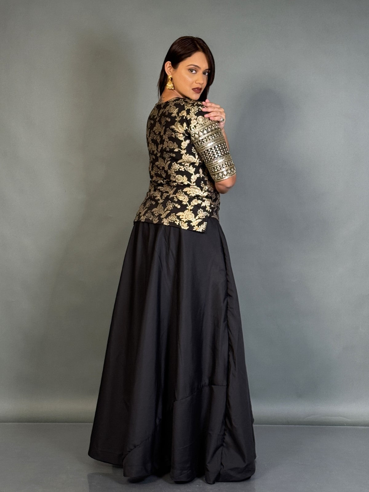 Midnight Grace Black Benarasi Plus-Size Blouse and Skirt Set