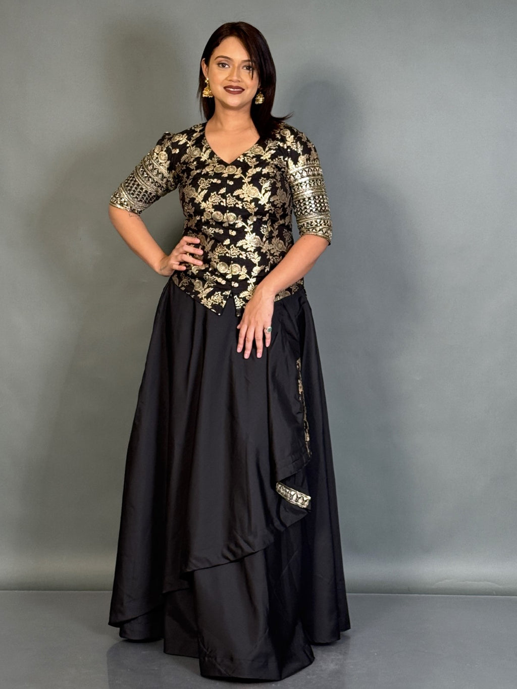 Midnight Grace Black Benarasi Plus-Size Blouse and Skirt Set