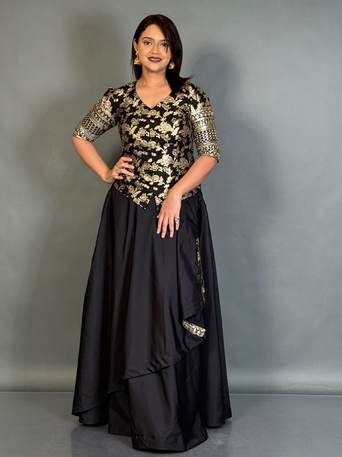Midnight Grace Black Benarasi Plus-Size Blouse and Skirt Set