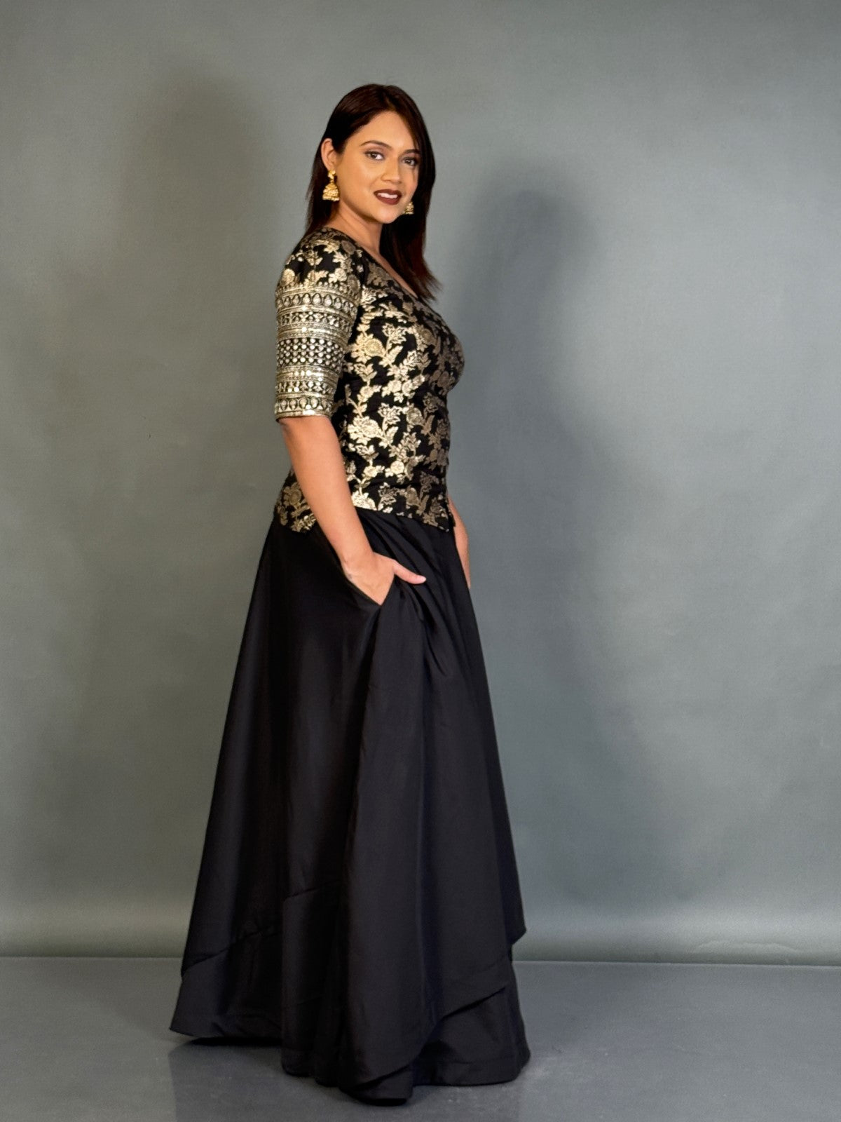 Midnight Grace Black Benarasi Plus-Size Blouse and Skirt Set