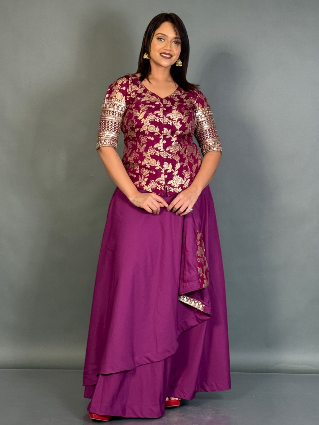 Regal Wine Benarasi Plus-Size Embroidered Blouse and Skirt Set