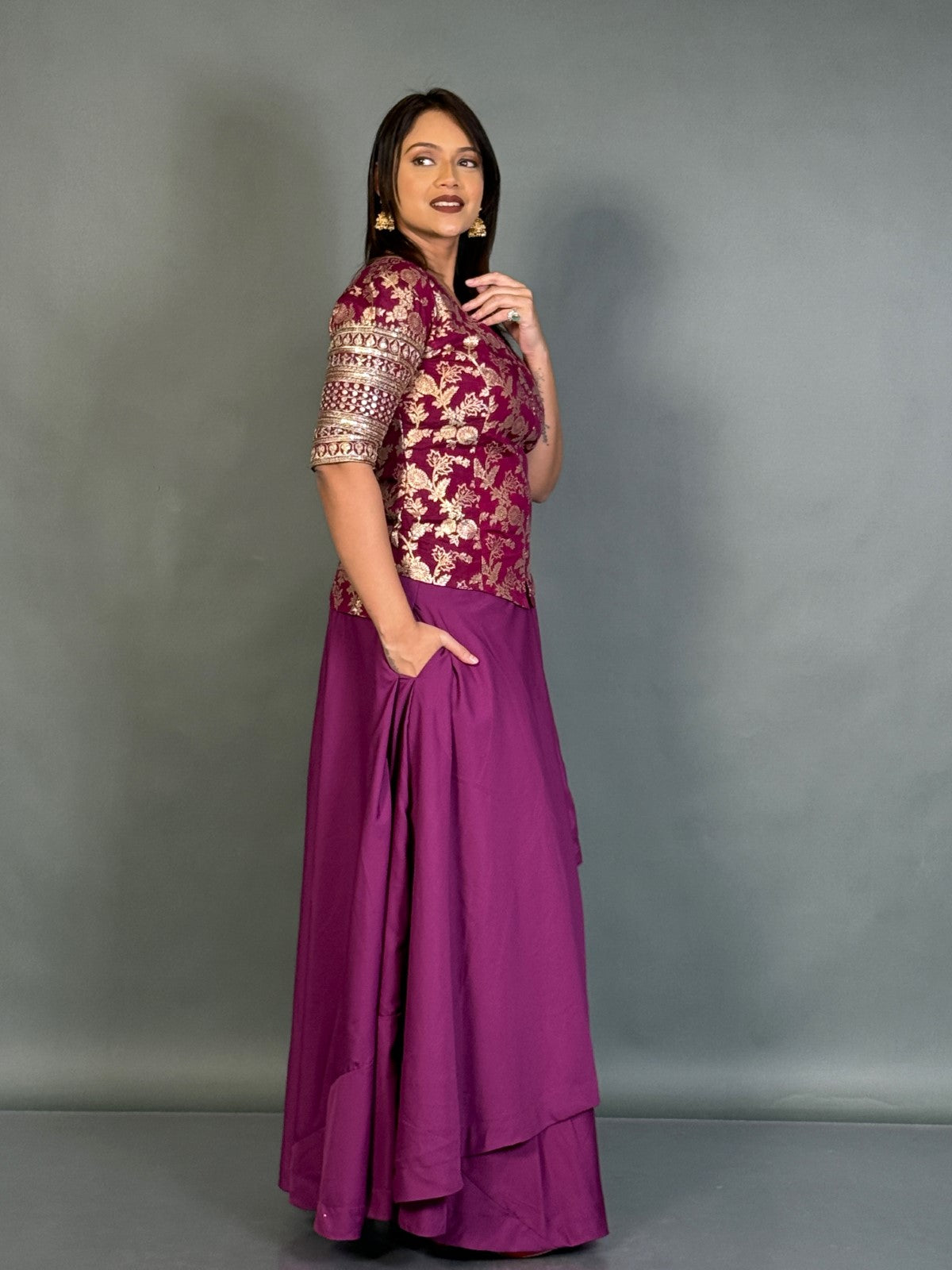 Regal Wine Benarasi Plus-Size Embroidered Blouse and Skirt Set