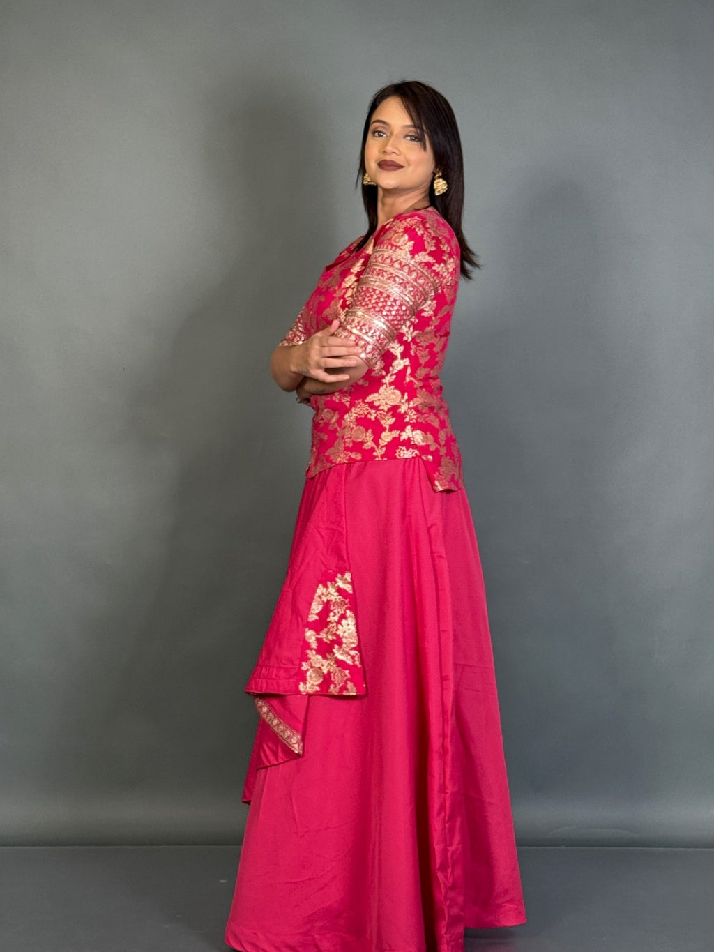 Elegant Hot Pink Plus Size Benarasi Blouse and Skirt Fusion Set