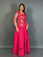 Elegant Hot Pink Plus Size Benarasi Blouse and Skirt Fusion Set