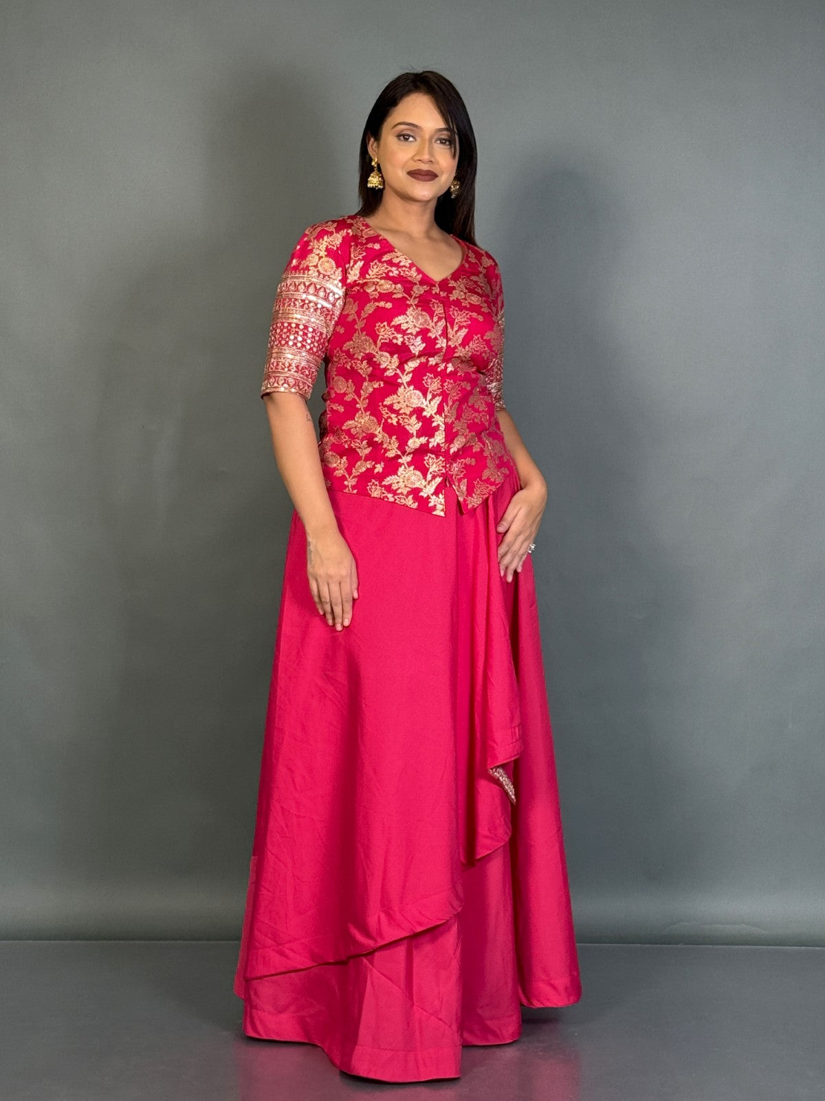 Elegant Hot Pink Plus Size Benarasi Blouse and Skirt Fusion Set