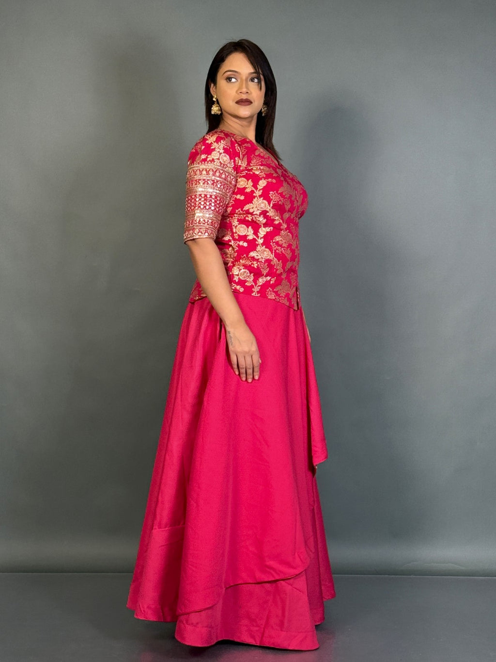 Elegant Hot Pink Plus Size Benarasi Blouse and Skirt Fusion Set