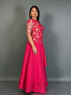 Elegant Hot Pink Plus Size Benarasi Blouse and Skirt Fusion Set